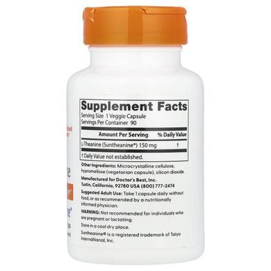 L-теанин, L-Theanine with Suntheanine, Doctor's Best, 150 мг, 90 вегетаріанських капсул