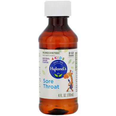 Дитячий препарат від ангіни, 4 Kids, Sore Throat, 2-12 років, Hyland's, 4 рідких унції (118 мл)