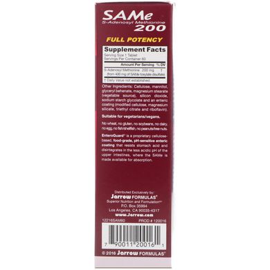 SAM-e 200, SAMe 200 (S-аденозил-L-метіонін), Promotes Joint Strength, Mood and Brain Function, Jarrow Formulas, 200 мг, 60 таблеток