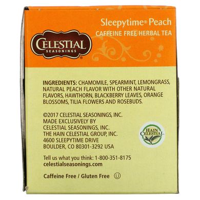 Трав'яний чай без кофеїну, Сонний персик, Celestial Seasonings, 20 чайних пакетиків, 1,0 унції (29 г)