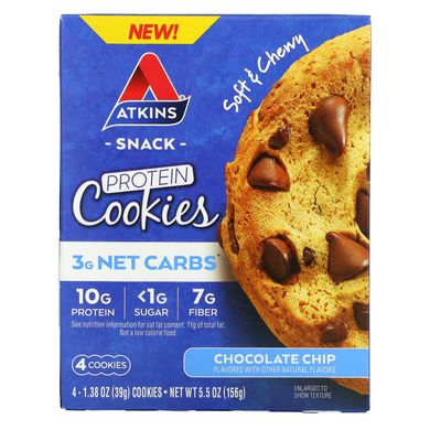 Atkins, Протеїнове печиво, шоколадна крихта, 4 печива, 1,38 унції (39 г) кожне