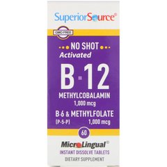 Активований B-12 метилкобаламін, B-6 (піридоксин) і метілфолат, 1,000 мкг / 1,000 мкг, Superior Source, 60 мікролінгвальних швидкорозчинних таблеток
