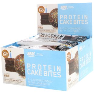 Протеиновый торт, шоколадный торт ко дню рождения, Protein Cake Bites, Chocolate Birthday Cake, Optimum Nutrition, 9 батончиков, 2,29 унции (65 г) каждый купить в Киеве и Украине