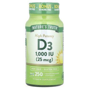 Vitamin D3, 25 mcg (1000 IU), 250 rapid release softgels