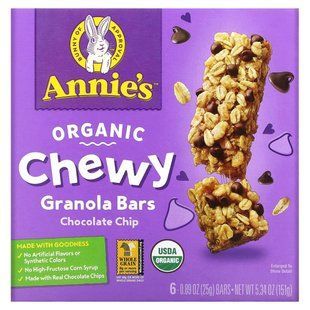 Annie's Homegrown, Organic Chewy Granola Bars, Chocolate Chip, 6 Bars, 0.89 oz (25 g) Each купить в Киеве и Украине
