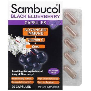 Sambucol, black elderberry capsules with Advanced Immune complex, vitamin C and zinc, 30 capsules.