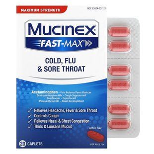 Mucinex, Fast-Max проти застуди, грипу та болю в горлі, максимальна ефективність, для дітей старше 12 років, 20 капсул
