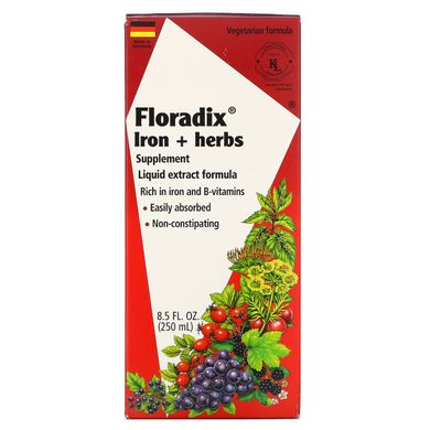 Флорадикс (Floradix), железо + лекарственные травы, жидкий экстракт, Flora, 8,5 жидких унций (250 мл) купить в Киеве и Украине