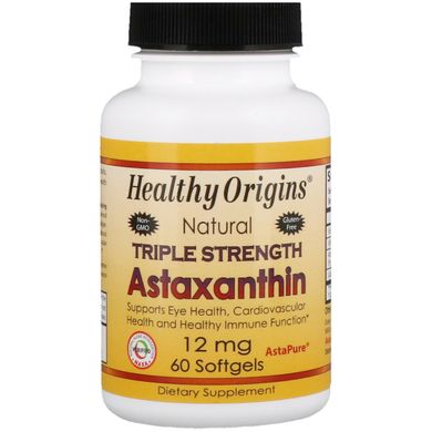 Астаксантин потрійної сили, Astaxanthin Triple Strength, Healthy Origins, 12 мг, 60 м'яких таблеток