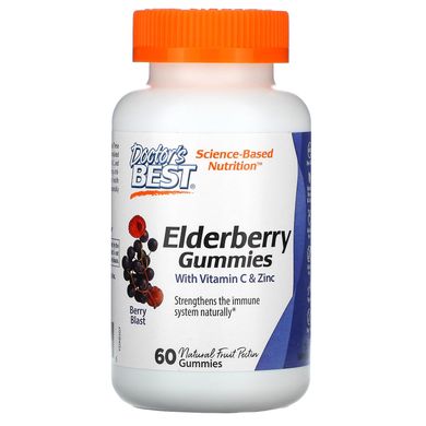 Жувальні таблетки з бузини з вітаміном С і цинком, ягідний вибух, Elderberry Gummies with Vitamin C & Zinc, Berry Blast, Doctor's Best, 60 жувальних цукерок