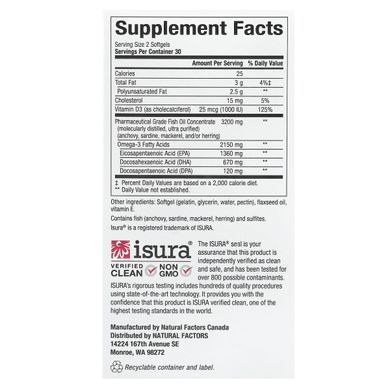 Омега-3 ультра та вітамін D3, 2150 мг, RxOmega-3 Ultra Strength with Vitamin D3, Natural Factors, 60 гелевих капсул