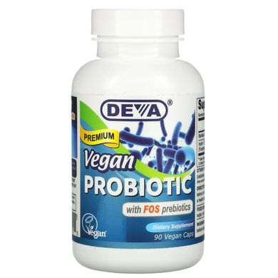 Веганський пробіотик преміум-класу з пребіотиками FOS, Premium Vegan Probiotic with FOS Prebiotic, Deva, 90 веганських капсул