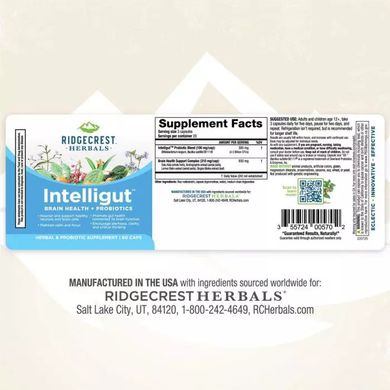 Комплекс для здоровья мозга с пробиотиком Интеллигут RidgeCrest Herbals (Intelligut) 60 капсул купить в Киеве и Украине
