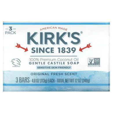 Gentle Castile Soap Bar, Оригінальний свіжий аромат, Kirk's, 3 батончика, 4 унції (113 г) кожен