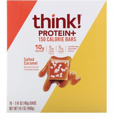 Протеїнові і батончики з клітковиною, солона карамель, ThinkThin, 10 батончиків, 1,41 унції (40 г) кожен