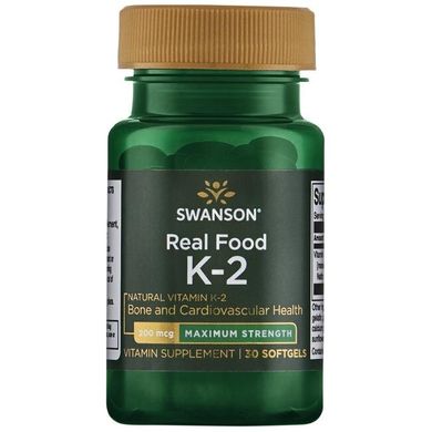 Вітамін K-2 - максимальна сила Real Food, Real Food Vitamin K-2 - Maximum Strength, Swanson, 200 мкг 30 капсул