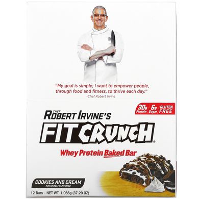 Протеїнові батончики, Whey Protein Bake Bar, печиво та вершки, Robert Irvine's Fit Crunch, 12 батончиків, 3,10 унції 88 г кожен