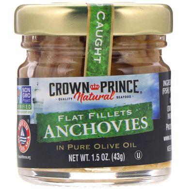 Анчоуси, плоске філе, в чистій оливковій олії, Crown Prince Natural, 1,5 унції (43 г)