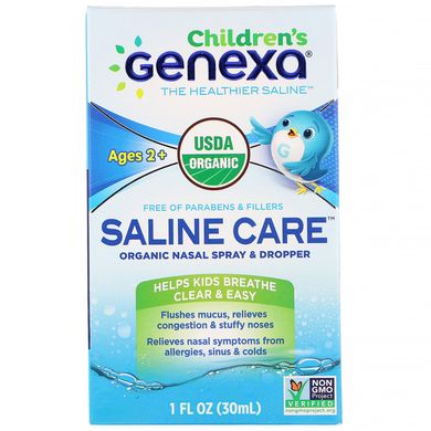 Догляд з сольовим розчином, для дітей, органічний назальний спрей і крапельниця, вік 2+, Children's Saline Care, Organic Nasal Spray,Dropper, Ages 2+, Genexa, 30 мл