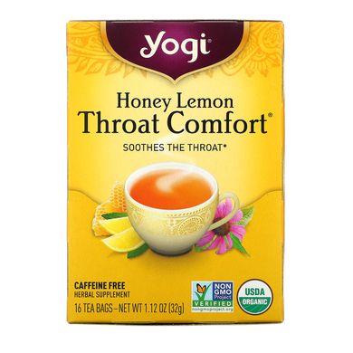 Органічний, Throat Comfort, зі смаком меду та лимона, без кофеїну, Yogi Tea, 16 чайних пакетиків, 112 унцій (32 г)