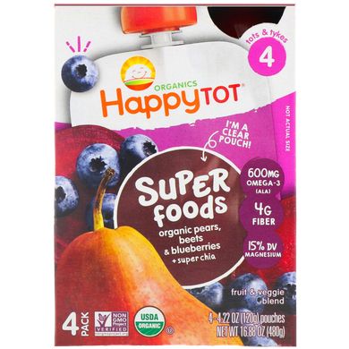 Дитяче пюре з грушею чорницею і буряком органік Happy Family Organics (Inc. Fruit & Veggie Blend) 4 етап 4 пакети по 120 г