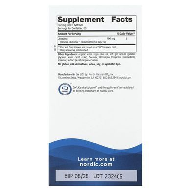 Кофермент Q10 від Nordic, убіхінол, Nordic Naturals, 100 мг, 60 м'яких капсул