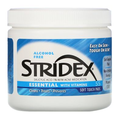 Серветки проти акне, що не містять спирту Stridex (Essential Acne Treatment Pads 1% Salicylic Acid) 55 шт
