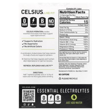 Celsius, Live Fit, Hydration, Essential Electrolytes, No Caffeine, Lemon Lime, 14 Hydration Powder Sticks, 0.26 oz (7.41 g) Each