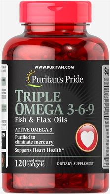 Потрійна омега 3-6-9 рибні і лляні масла, Triple Omega 3-6-9 Fish,Flax Oils, Puritan's Prideг, 120 капсул