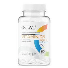 Вітамін Д3 2000 МО вітамін К2 вітамін С та цинк OstroVit (Vitamin D3 2000 IU + K2 MK-7 + VC + Zinc) 60 капсул