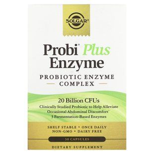 Пробіотики плюс ферменти, Probi Plus Enzyme, Solgar, комплекс, 20 млрд КУО, 30 капсул