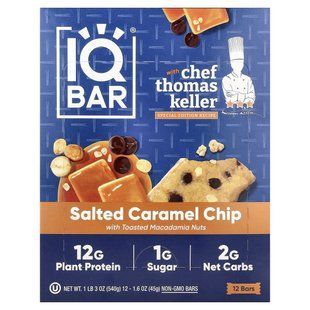 IQBAR, растительный протеиновый батончик, кусочки соленой карамели с обжаренными орехами макадамия, 12 батончиков по 45 г (1,6 унции) купить в Киеве и Украине