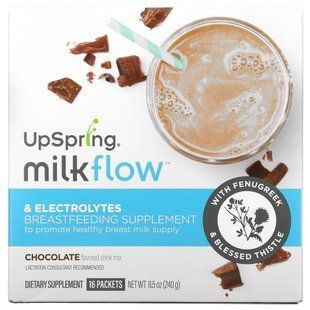 UpSpring, MilkFlow, пажитник та кнікус благословенний, напій зі смаком шоколаду, 16 пакетиків по 15 г