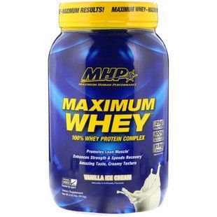 Maximum Whey, protein blend with vanilla ice cream flavor, Maximum Human Performance, LLC, 915 g.