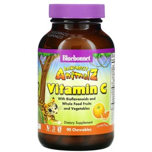 Витамин С жевательный, Vitamin C, Bluebonnet Nutrition, Rainforest Animalz, апельсин, 90 жевательных конфет купить в Киеве и Украине