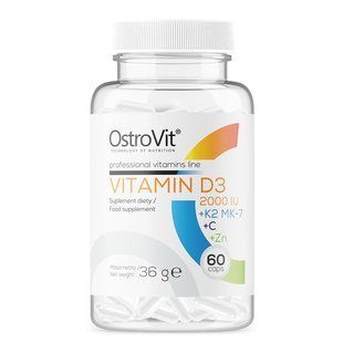 Витамин Д3 2000 МЕ витамин К2 витамин С и цинк OstroVit (Vitamin D3 2000 IU + K2 MK-7 + VC + Zinc) 60 капсул купить в Киеве и Украине