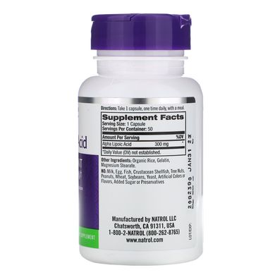 Альфа-ліпоєва кислота Natrol (Alpha Lipoic Acid) 300 мг 50 капсул