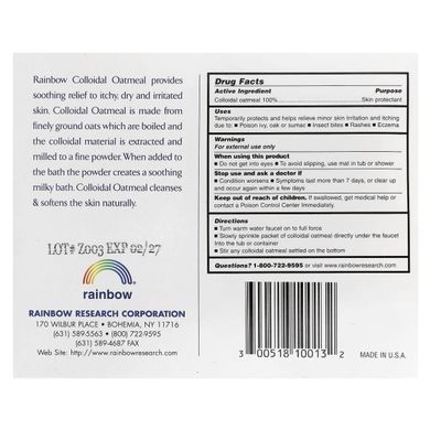 Rainbow Research, 100% Natural Colloidal Oatmeal Bath, Unscented, 3 Packets, 1.5 oz Each купить в Киеве и Украине
