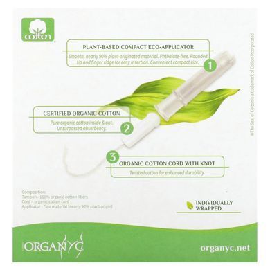 Organic tampons, compact, Organyc, 16 super-absorbent tampons.