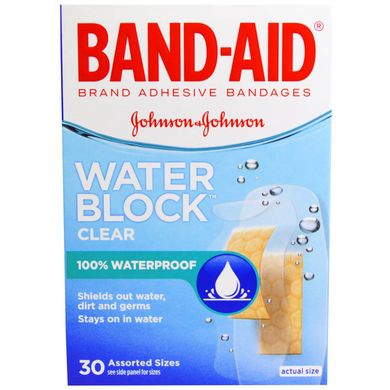 Липкий пластир, Water Block, прозорий, Band Aid, 30 розмірів в асортименті