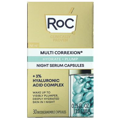 RoC, Multi Correxion, нічна сироватка в капсулах, зволоження та пружність, без аромату, 30 біорозкладних капсул