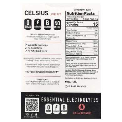 Celsius, Live Fit, увлажнение, незаменимые электролиты, без кофеина, клубника и арбуз, 14 порошковых стиков для увлажнения, по 7,28 г (0,26 унции) купить в Киеве и Украине