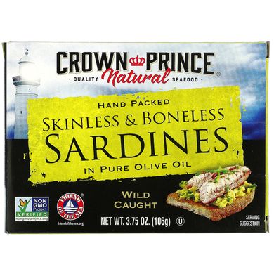 Сардини, очищені від кісток і шкіри в чистій оливковій олії, Crown Prince Natural, 3,75 унц (106 г)