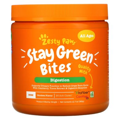 Zesty Paws, Stay Green Bites for Dogs, для пищеварения, для всех возрастов, куриный вкус, 90 мягких жевательных блюд купить в Киеве и Украине