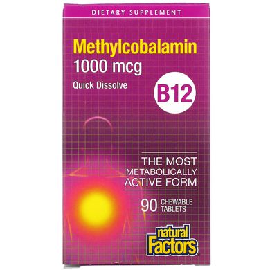 B12 метилокобаламин, Natural Factors, 1000 мкг, 90 жевательных таблеток купить в Киеве и Украине