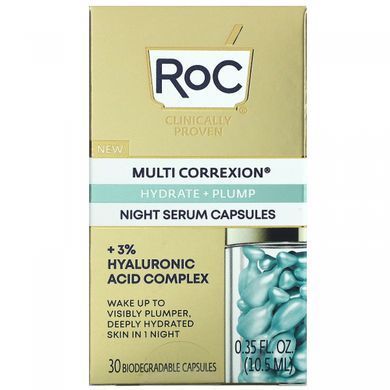 RoC, Multi Correxion, night serum in capsules, hydration and firmness, fragrance-free, 30 biodegradable capsules.