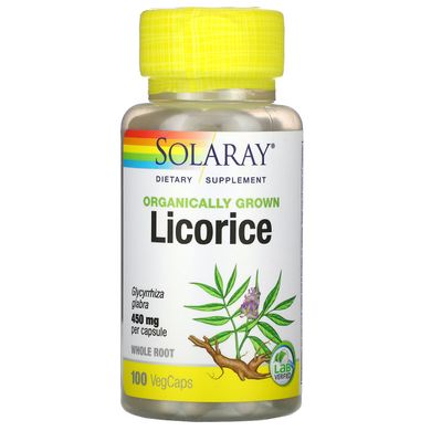 Органічно вирощена солодка, Organic Licorice Root, Solaray, 450 мг, 100 капсул