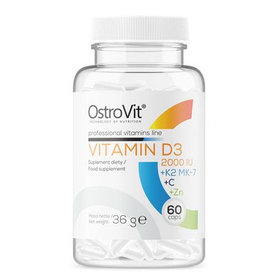 Вітамін Д3 2000 МО вітамін К2 вітамін С та цинк OstroVit (Vitamin D3 2000 IU + K2 MK-7 + VC + Zinc) 60 капсул